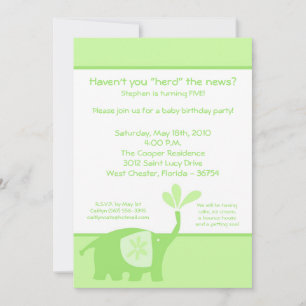 5x7 Cute Green Elephant Birthday Party Invitation