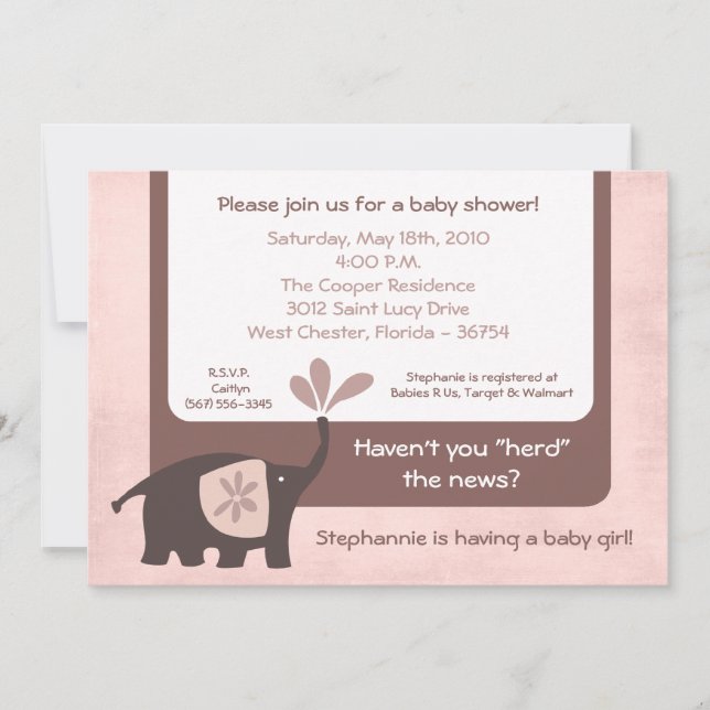 5x7 Cute Purple Elephant Baby Shower Invitation (Front)
