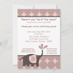 5x7 Cute Purple Elephant Birthday Party Invitation