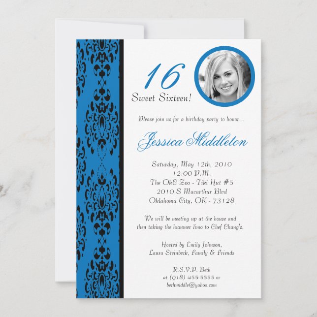 5x7 Dark Blue Damask 16 Birthday Party Invitation (Front)
