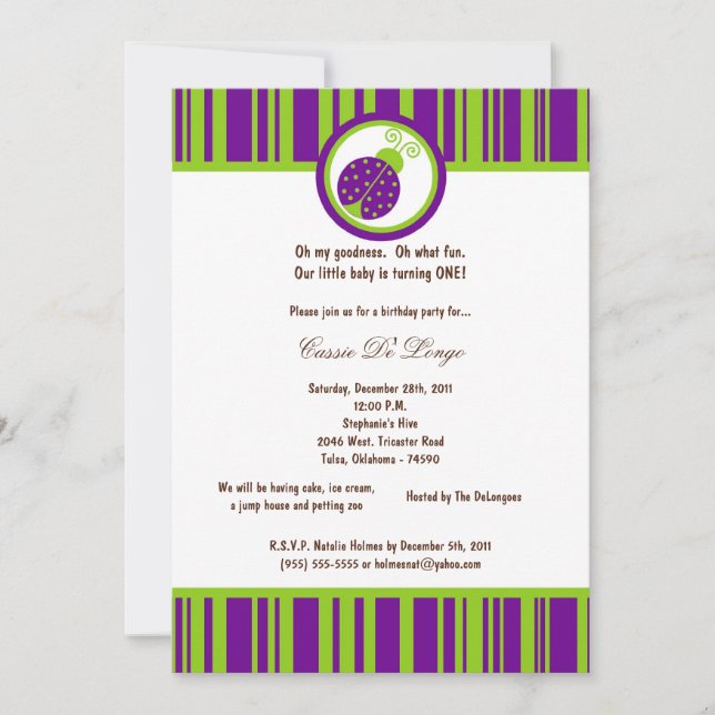 5x7 Dark Purple Lady Bug Birthday Party Invite (Front)