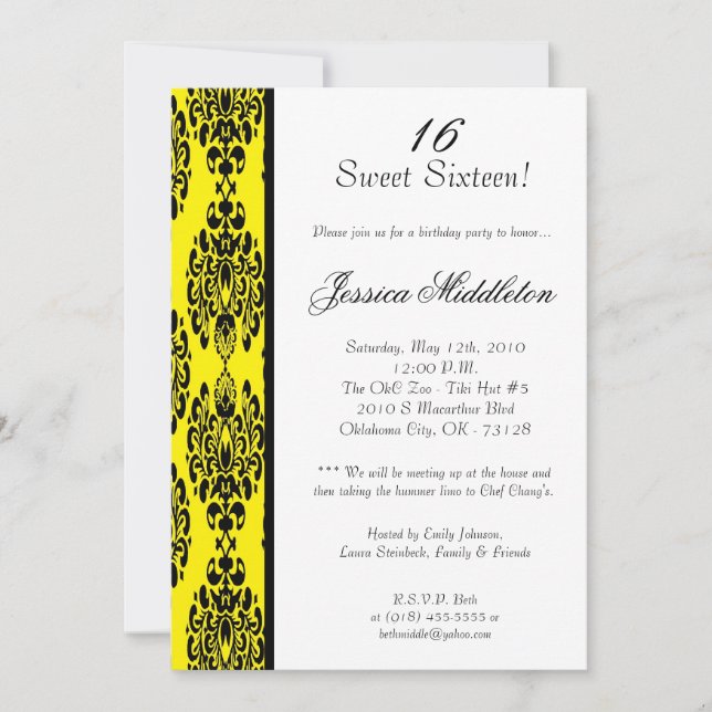 5x7 Dark Yellow Damask Birthday Party Invitation (Front)