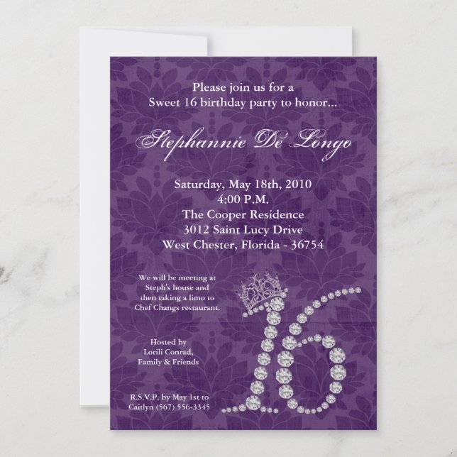 5x7 Diamond Amethyst Sweet 16 Birthday Invitation (Front)