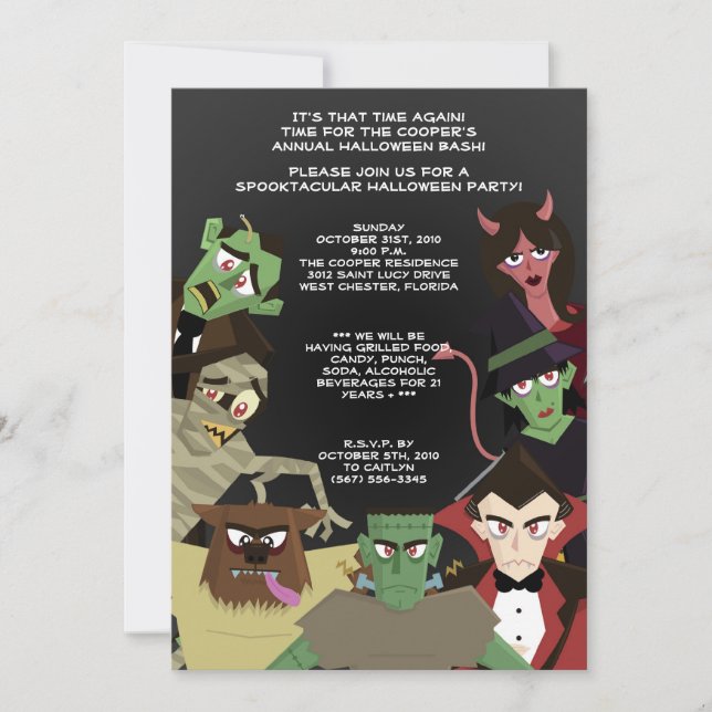 5x7 DraculaMonster Halloween Bash Party Invitation (Front)