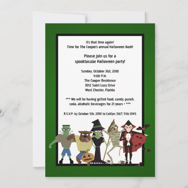 5x7 DraculaMonster Halloween Bash Party Invitation (Front)