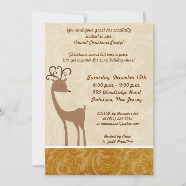 5x7 Elegant Reindeer Golden Scrolls Invitation (Front)