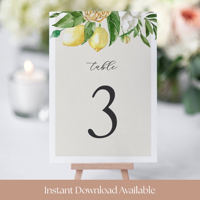 5x7" Elegant Summer Lemon Floral Table Number (Creator Uploaded)