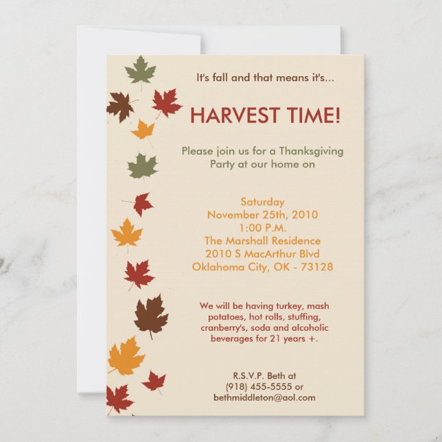 5x7 Fall Leaves Harvest Thanksgiving Invitation (Front)