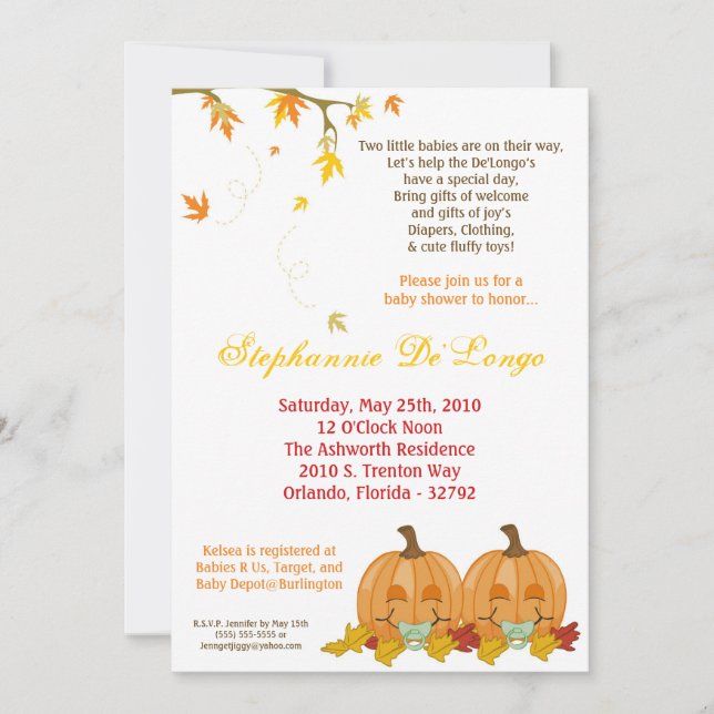 5x7 Fall Leaves TWIN TWINS Baby Shower Invitation (Front)