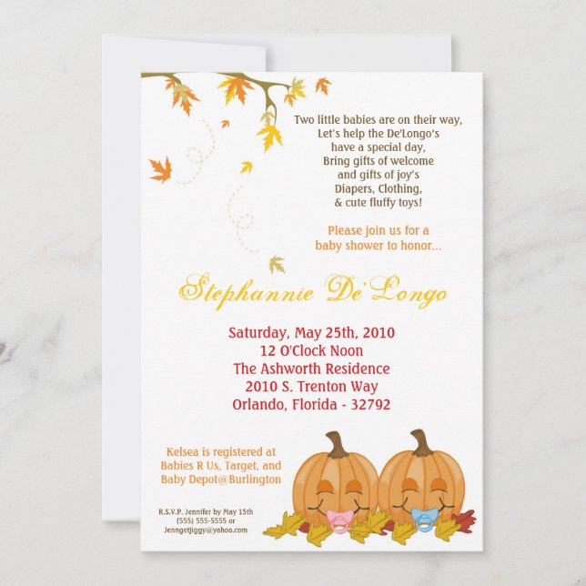 5x7 Fall Leaves TWIN TWINS Baby Shower Invitation (Front)
