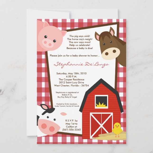 5x7 Farm Animal Cow Horse Baby Shower Invitation (Front)