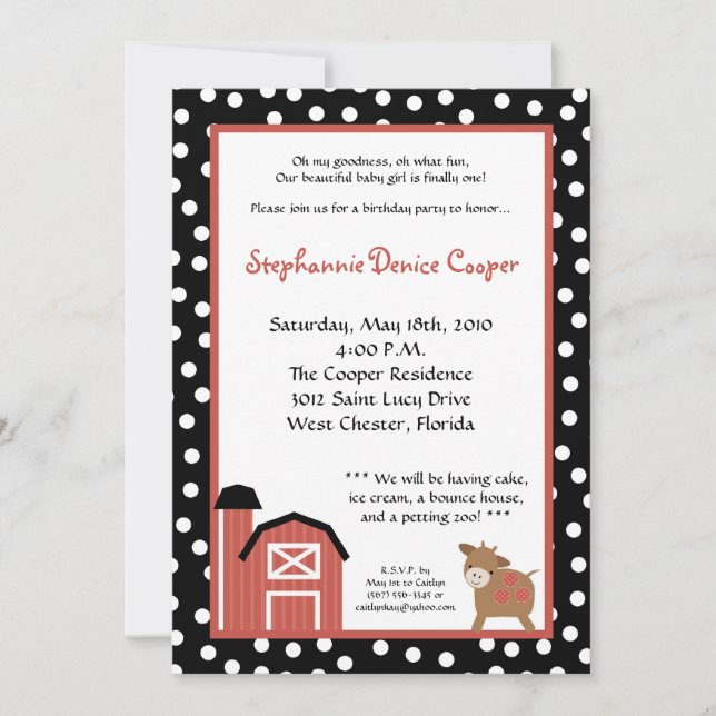 5x7 Farm Red Barn Cow Birthday Party Invitation (Front)