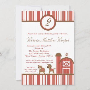 5x7 Farm Red Barn Horse Birthday Party Invitation