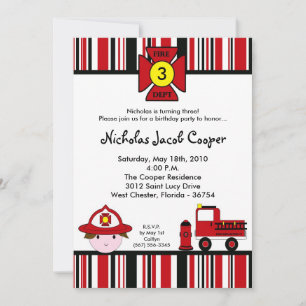 5x7 Fireman Firetruck Birthday Party Invitation