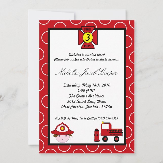 5x7 Fireman Firetruck Birthday Party Invitation (Front)