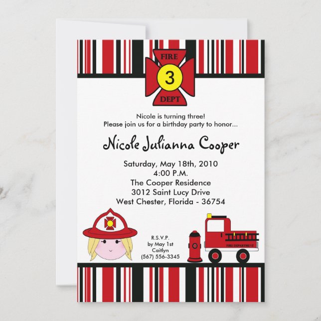5x7 Firewoman Firetruck Birthday Party Invitation (Front)