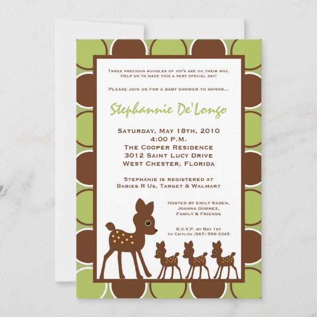 5x7 Forrest TRIPLETS Deer Baby Shower Invitation (Front)