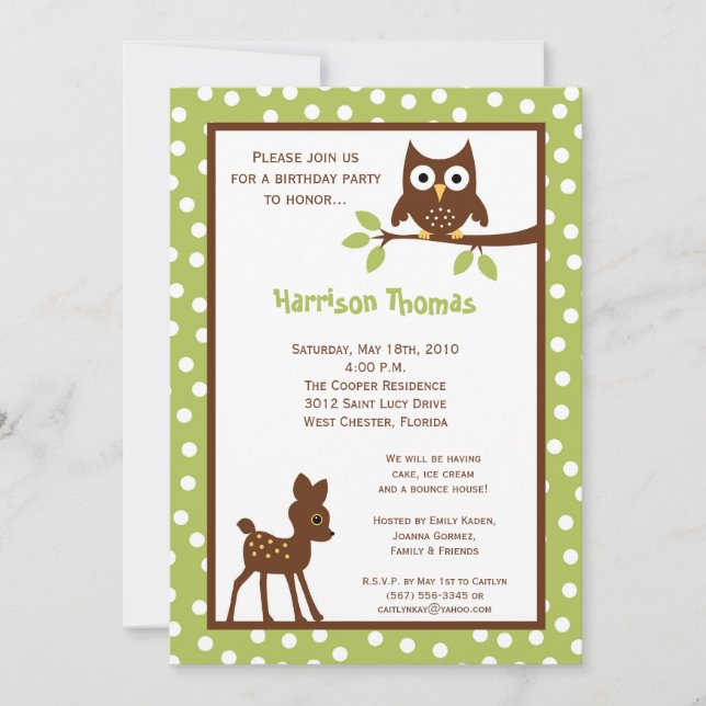 5x7 Forrest Woodland Animal Birthday Invitation (Front)