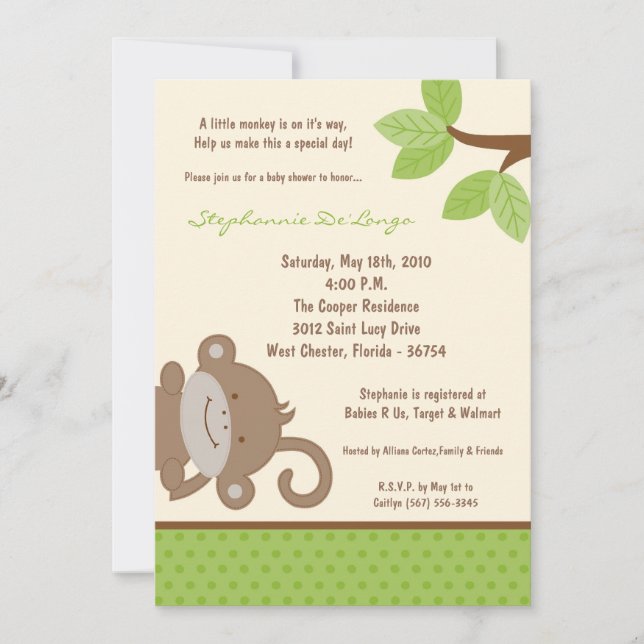 5x7 Funky Monkey Jungle Zoo Baby Shower Invitation (Front)