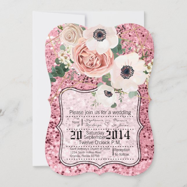 5x7 Geometric Garden Rose Glitt Wedding Invitation (Front)