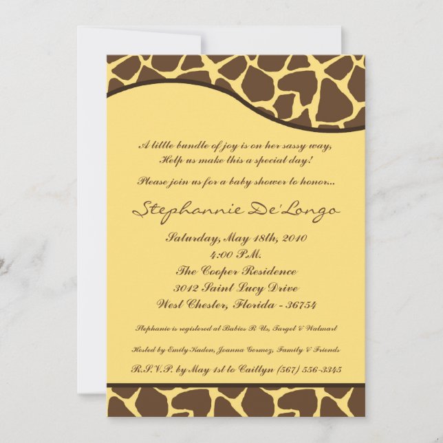 5x7 Giraffe Animal Print Baby Shower Invitation (Front)