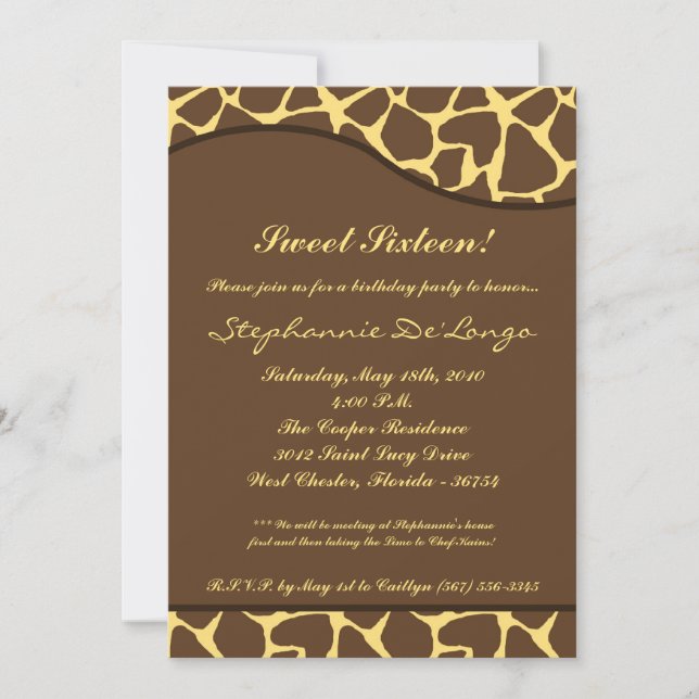 5x7 Giraffe Print Sweet 16 Birthday Party Invite (Front)