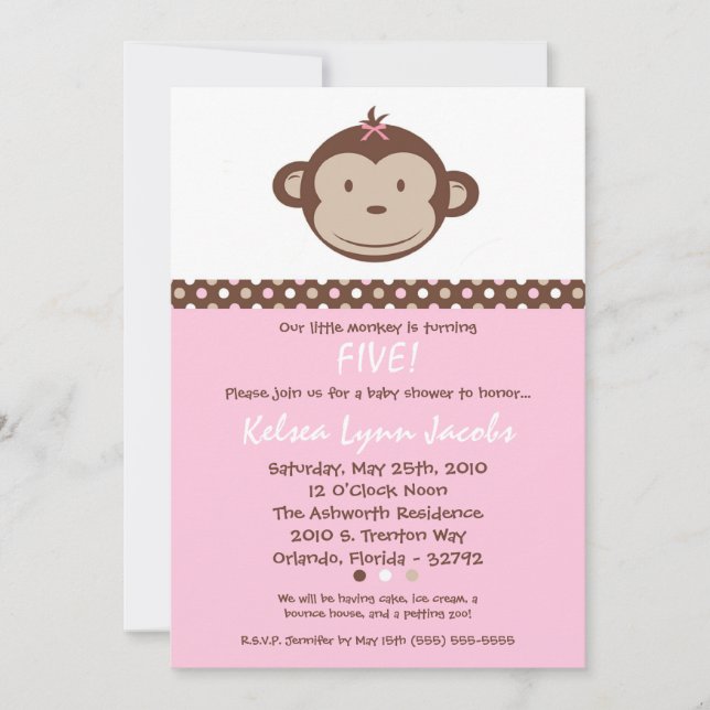 5x7 Girl Modern Mod Monkey Birthday Par Invitation (Front)