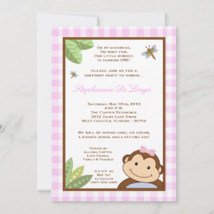 5x7 Girl Pin Papgayo Monkey Birthday Invitation