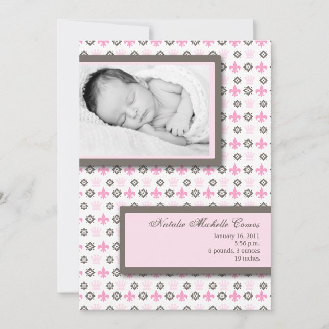 5x7 Girl Pink Fleur De Li Photo Birth Announcement (Front)