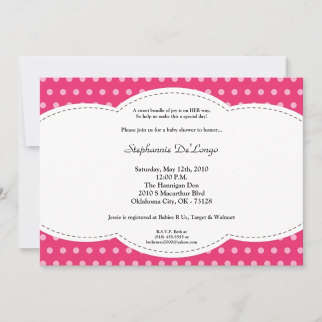 5x7 Girl Pink Polkadot Poke Baby Shower Invitation (Front)