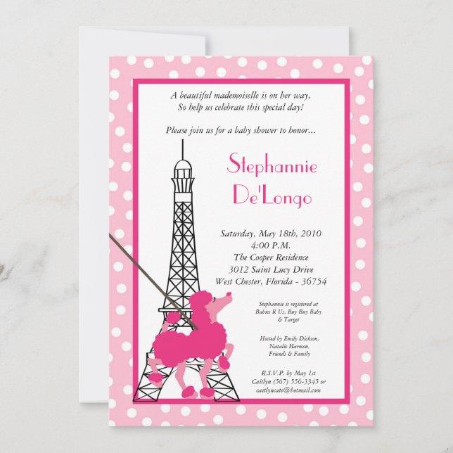 5x7 Girl Pink Poodle Paris Baby Shower Invitation (Front)