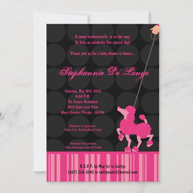 5x7 Girl Pink Poodle Paris Baby Shower Invitation (Front)