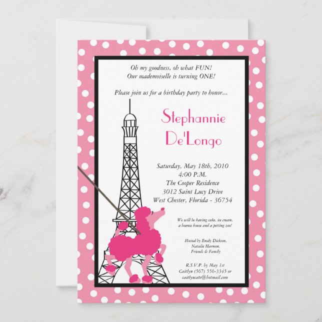 5x7 Girl Pink Poodle Paris Birthday Par Invitation (Front)