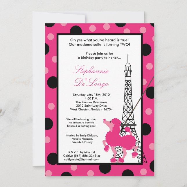 5x7 Girl Pink Poodle Paris Birthday Par Invitation (Front)