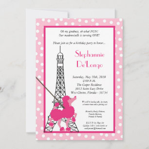 5x7 Girl Pink Poodle Paris Birthday Par Invitation