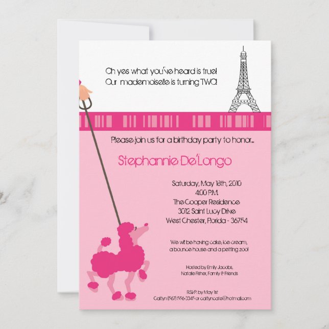 5x7 Girl Pink Poodle Paris Birthday Par Invitation (Front)