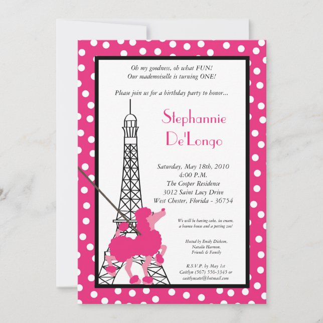 5x7 Girl Pink Poodle Paris Birthday Par Invitation (Front)