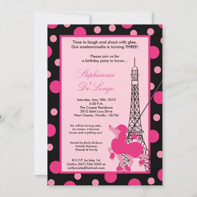 5x7 Girl Pink Poodle Paris Birthday Par Invitation (Front)