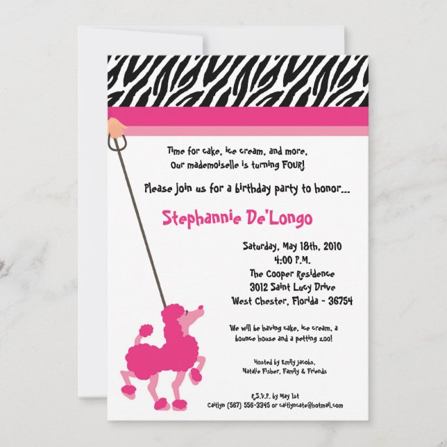 5x7 Girl Pink Poodle Paris Birthday Par Invitation (Front)