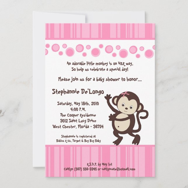 5x7 Girl Pink Pop Monkey Baby Shower Invitation (Front)