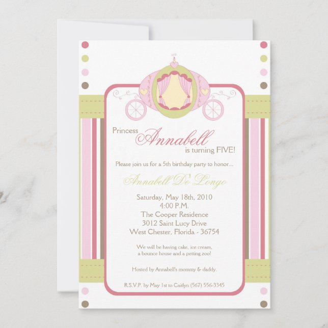 5x7 Girl Princess Carriage Birthday Invitation (Front)