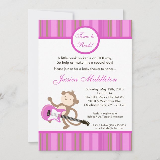 5x7 Girl Punk Rocker Monkey Baby Shower Invitation (Front)