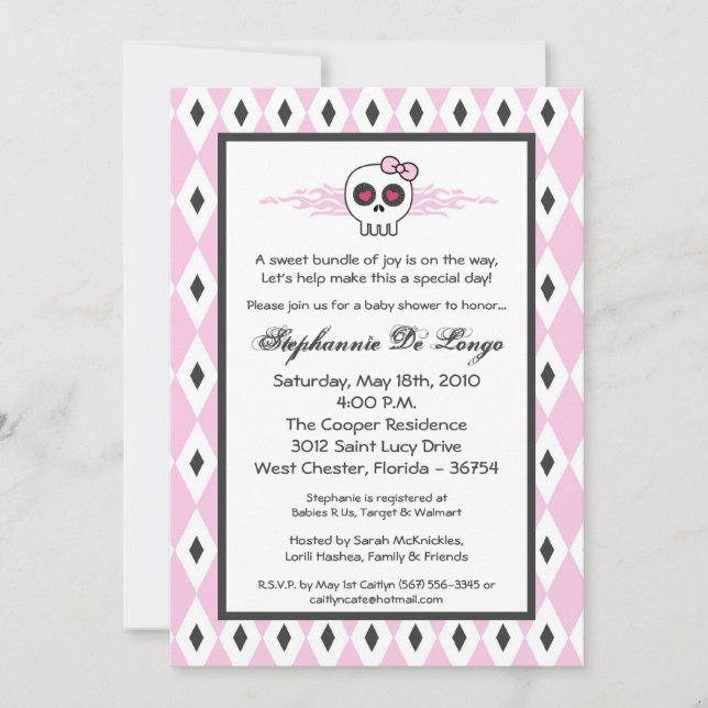 5x7 Girl PunkRock Skull EMO Baby Shower Invitation (Front)