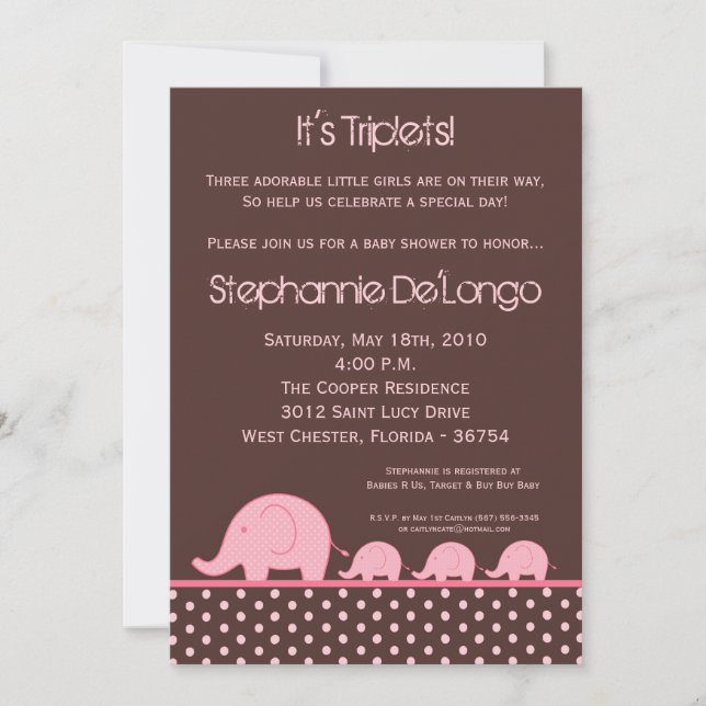 5x7 Girl Triplets Elephant Baby Shower Invitation (Front)