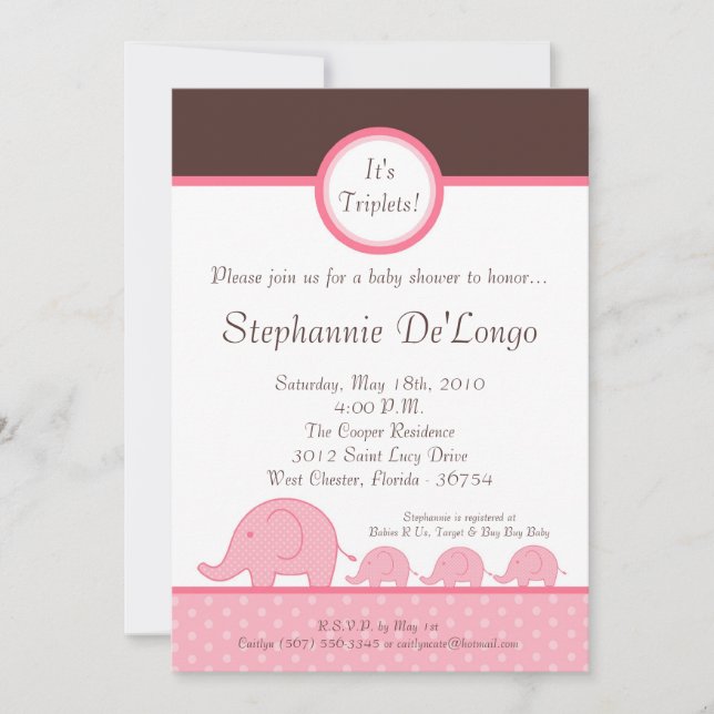 5x7 Girl Triplets Elephant Baby Shower Invitation (Front)