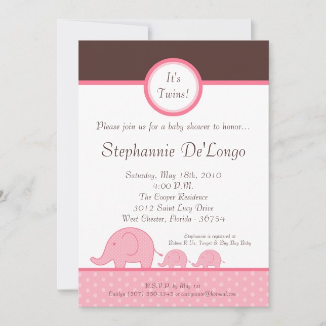 5x7 Girl Twins Mod Elephant Baby Shower Invitation (Front)