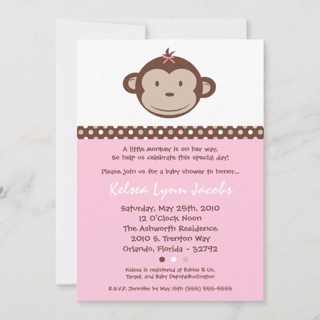 5x7 Girly Modern Mod Monkey Baby Shower Invitation (Front)