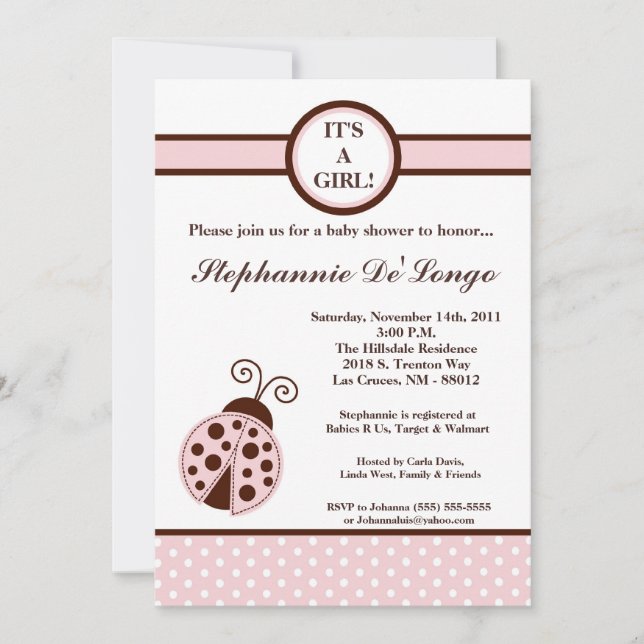 5x7 Girly Pink Lady Bug Baby Shower Invitation (Front)