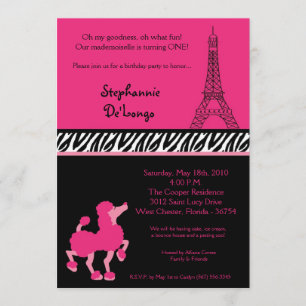 5x7 Girly Pink Poodle Paris Birthday Invitation