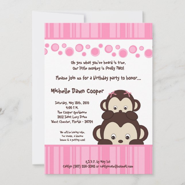 5x7 Girly Pink Pop Monkey Birthday Invitation (Front)